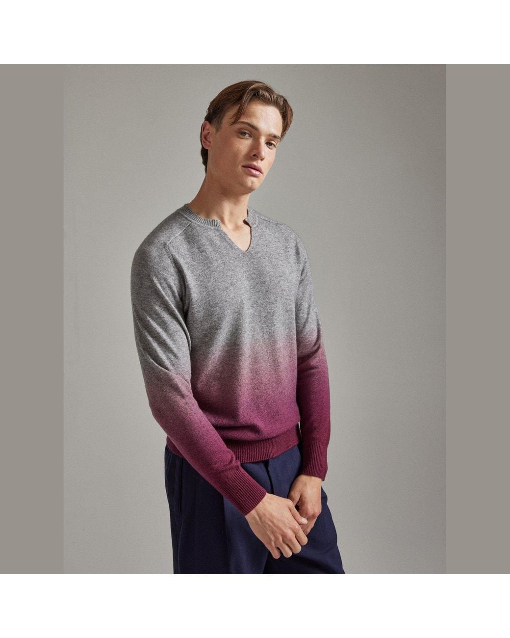 Salts Cashmere Multicolor Ombre Split Crew Neck Sweater