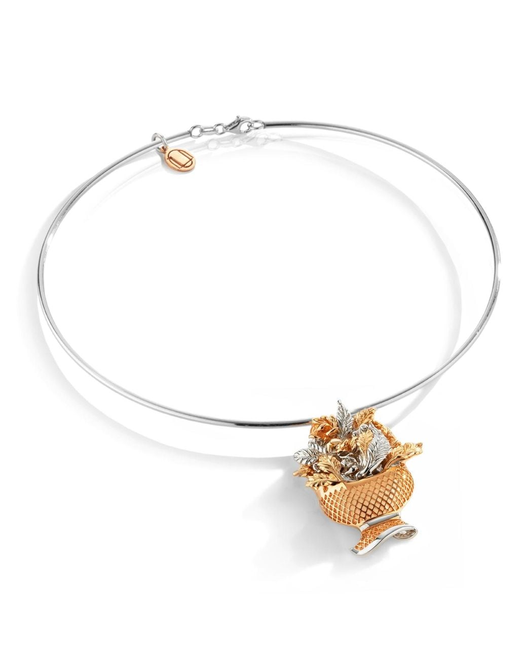 Unaloe Metallic Rose Bicolor Sterling Choker Necklace With Rose Plating – Rigid Floral Rose Pendant Choker, Handmade Italian Jewelry For