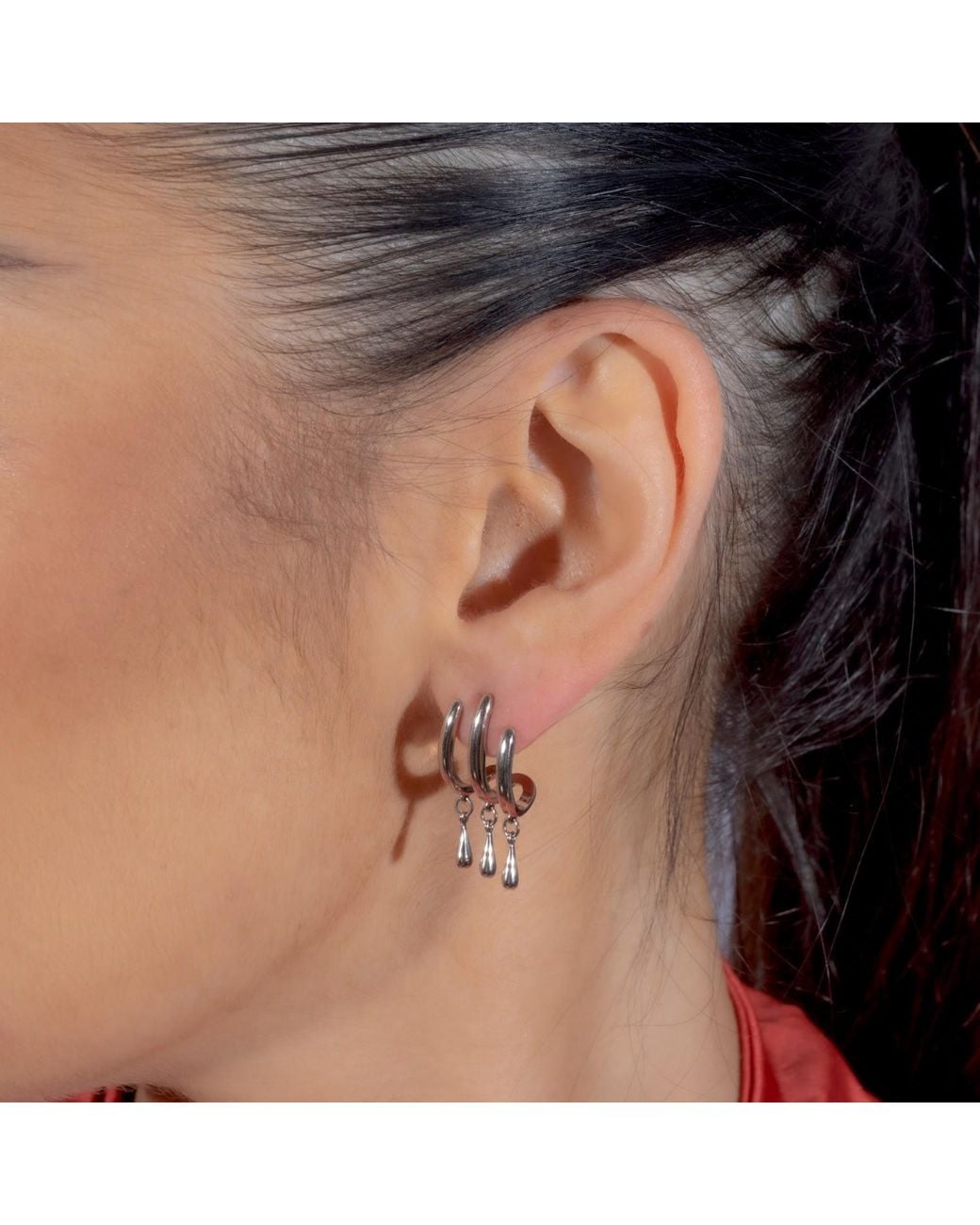 Lucy Quartermaine Metallic Solid Sterling Waterfall Three Hoop Studs With Drips