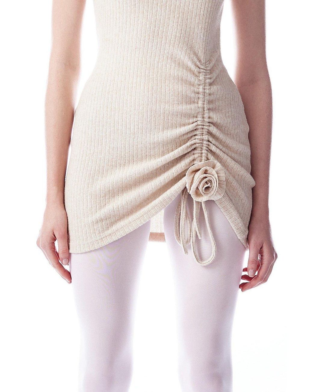 No'design White Neutrals Knit Mini Dress With Rose Detail Ecru