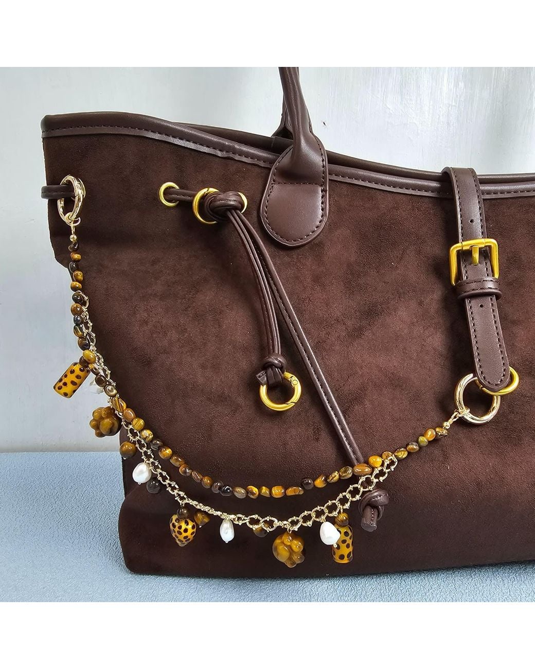 Farra Brown Leopard Print Tiger-Eye Stone And Pearls Layered Bag Charm