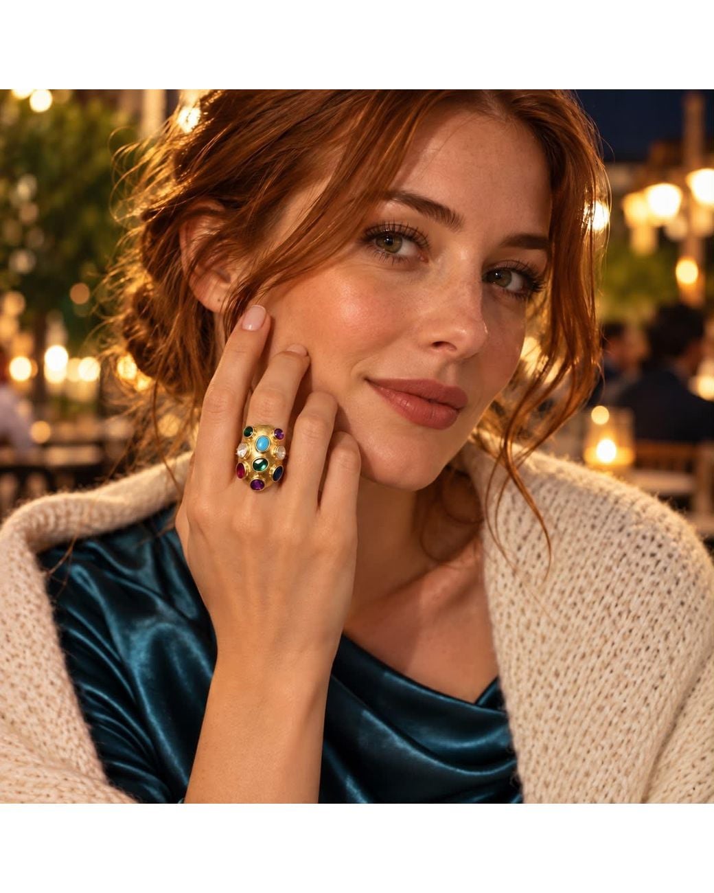 By Ozge Metallic Multicolour Zircon Plated Chunky Statement Ring