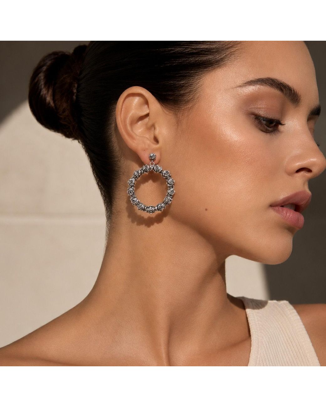 Unaloe Metallic Sterling Rose Hoop Earrings – Floral Statement Drop Earrings – Handmade Italian Jewelry For