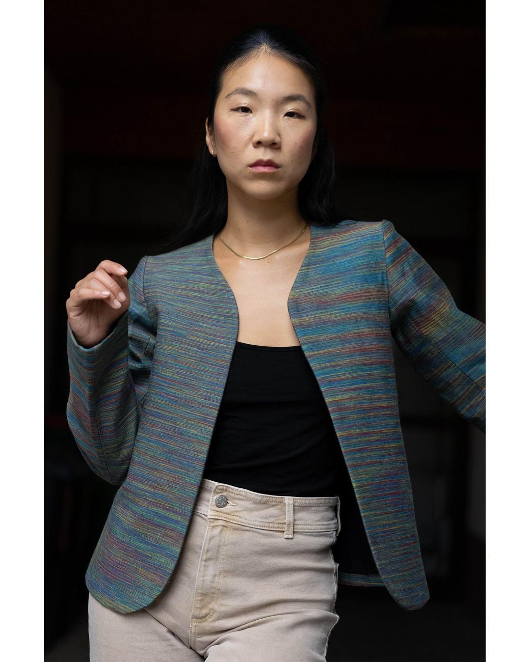 Stovaria Blue Peacock Cotton Denim Statement Jacket