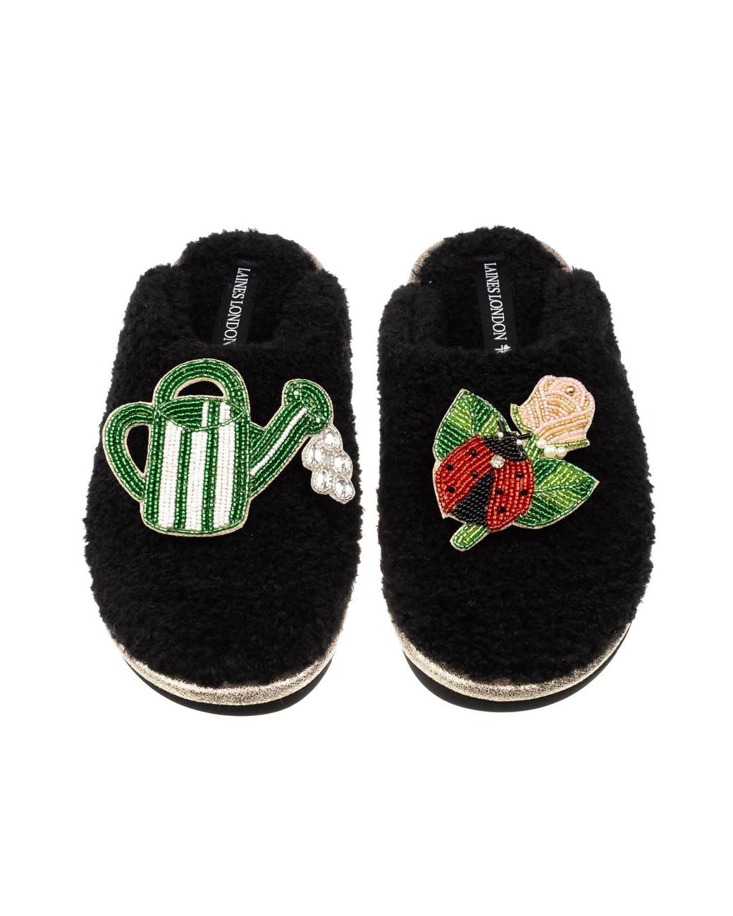 Laines London Black Teddy Closed Toe Slippers With The English Garden Brooches