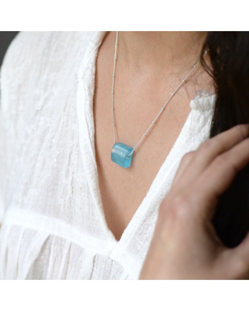Smart Glass Jewelry Blue Recycled Gin Bottle Cube Necklace Aqua