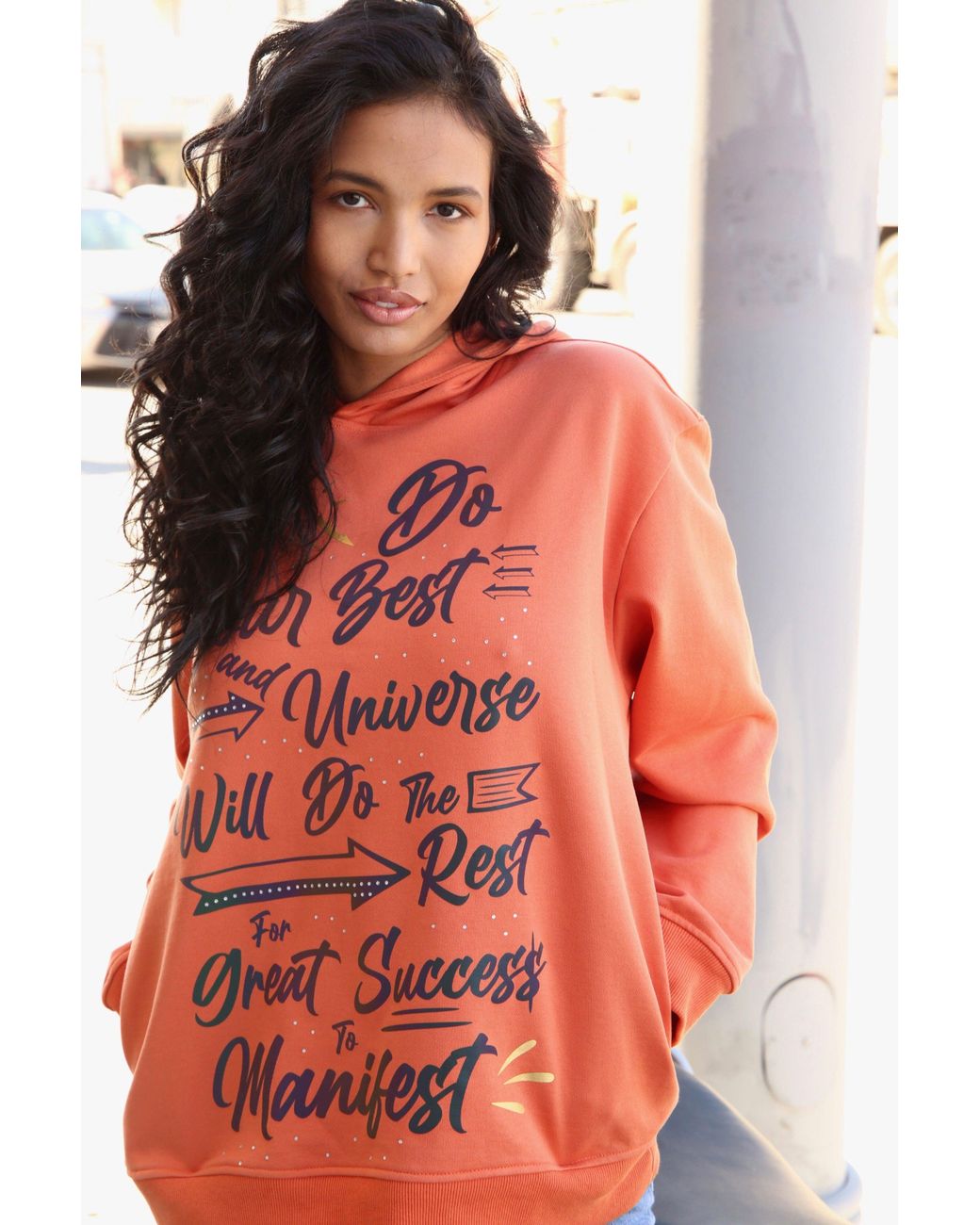 Miracles Manifester Orange Inspirational Affirmation Hoodie With Reflective & Rhinestone Design