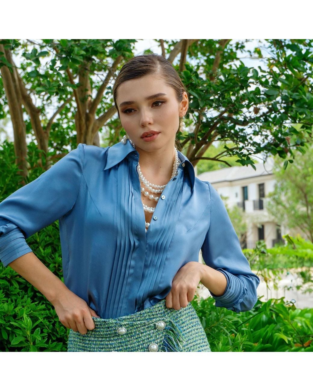 Solgo Atelier Blue Solgo Pleated Silk Charmeuse Shirt