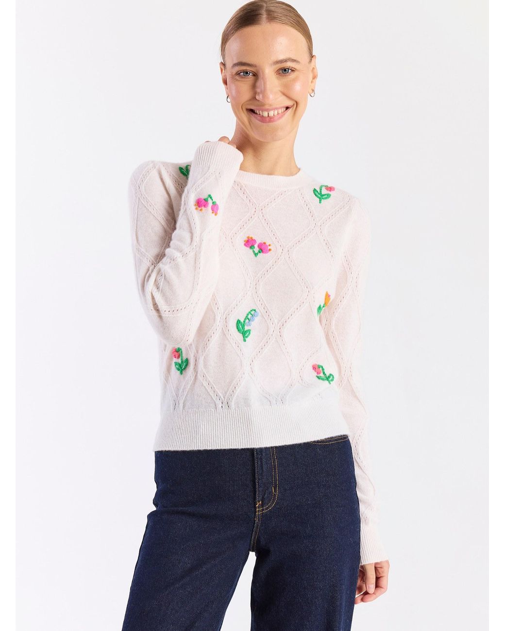 Brodie Cashmere Pink Lightweight Floral Stitch Cashmere Crew