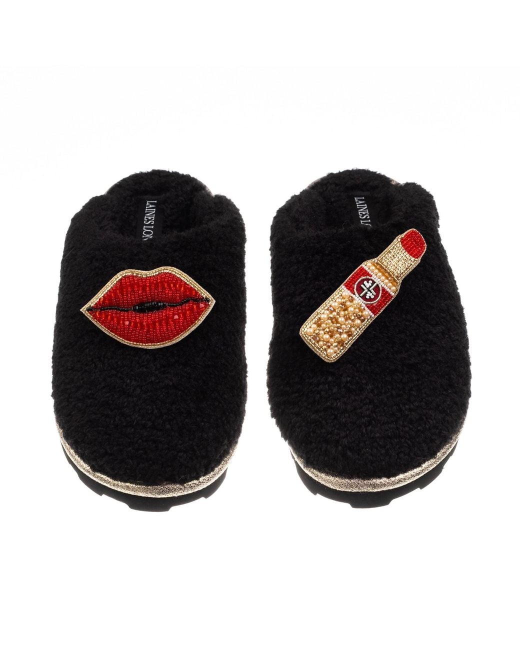 Laines London Black Teddy Closed Toe Slippers With Lipstick & Lips Brooches