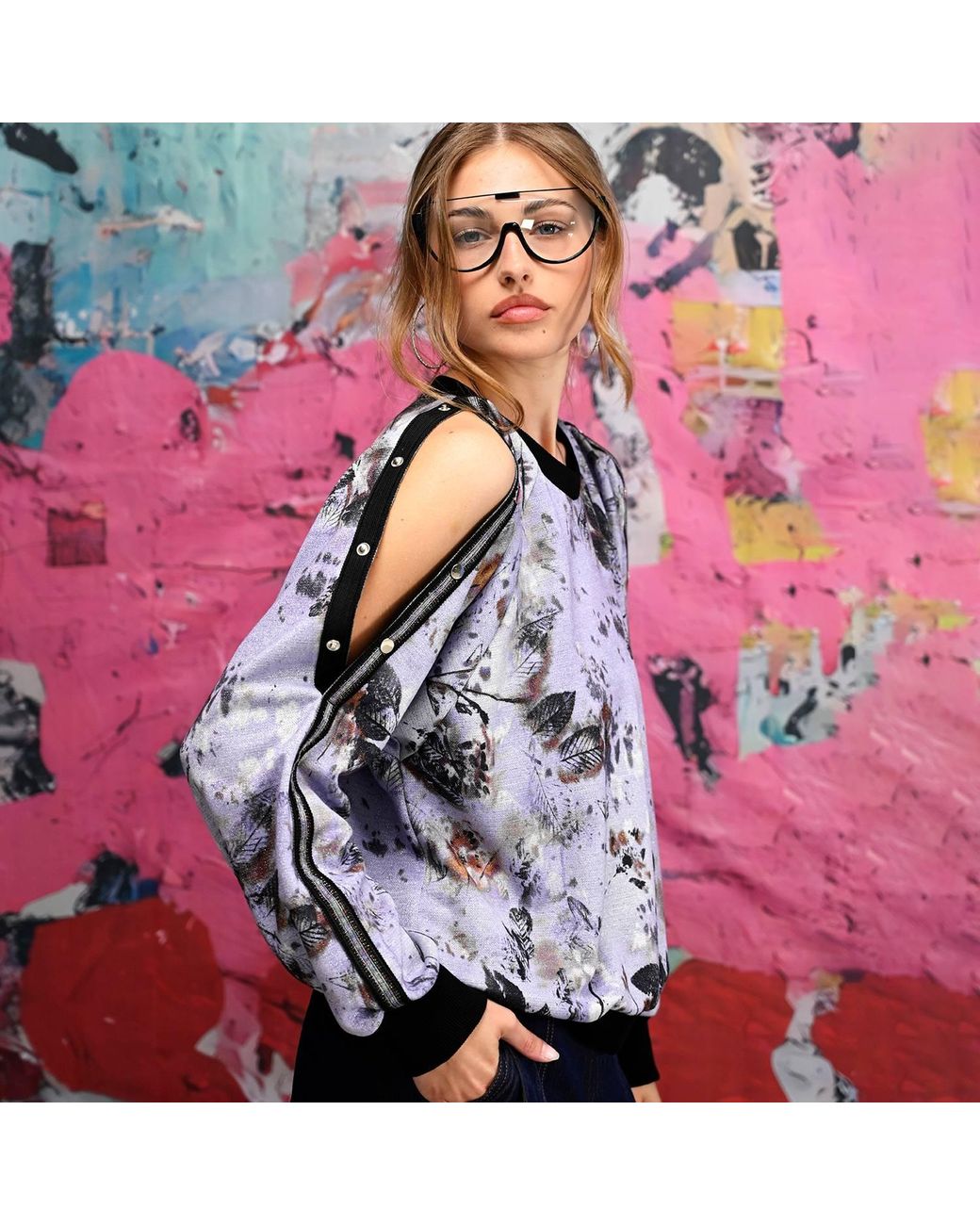 Lalipop Design Blue Floral Print Sweatshirt With Snap-Button Shoulder Detail