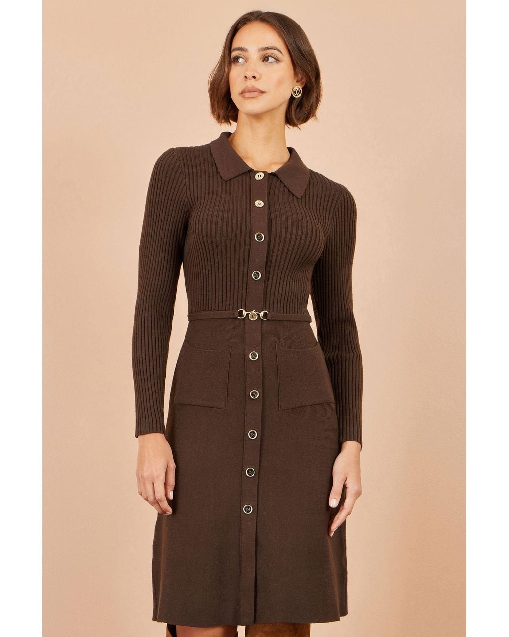 Yumi' Brown Rib Knit Midi Shirt Dress With Snaffle Belt