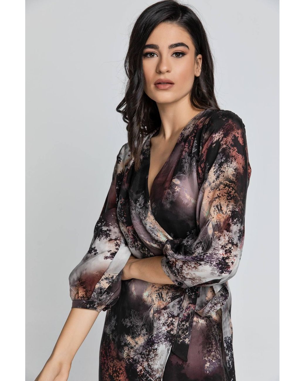 Conquista Brown Print Wrap Dress