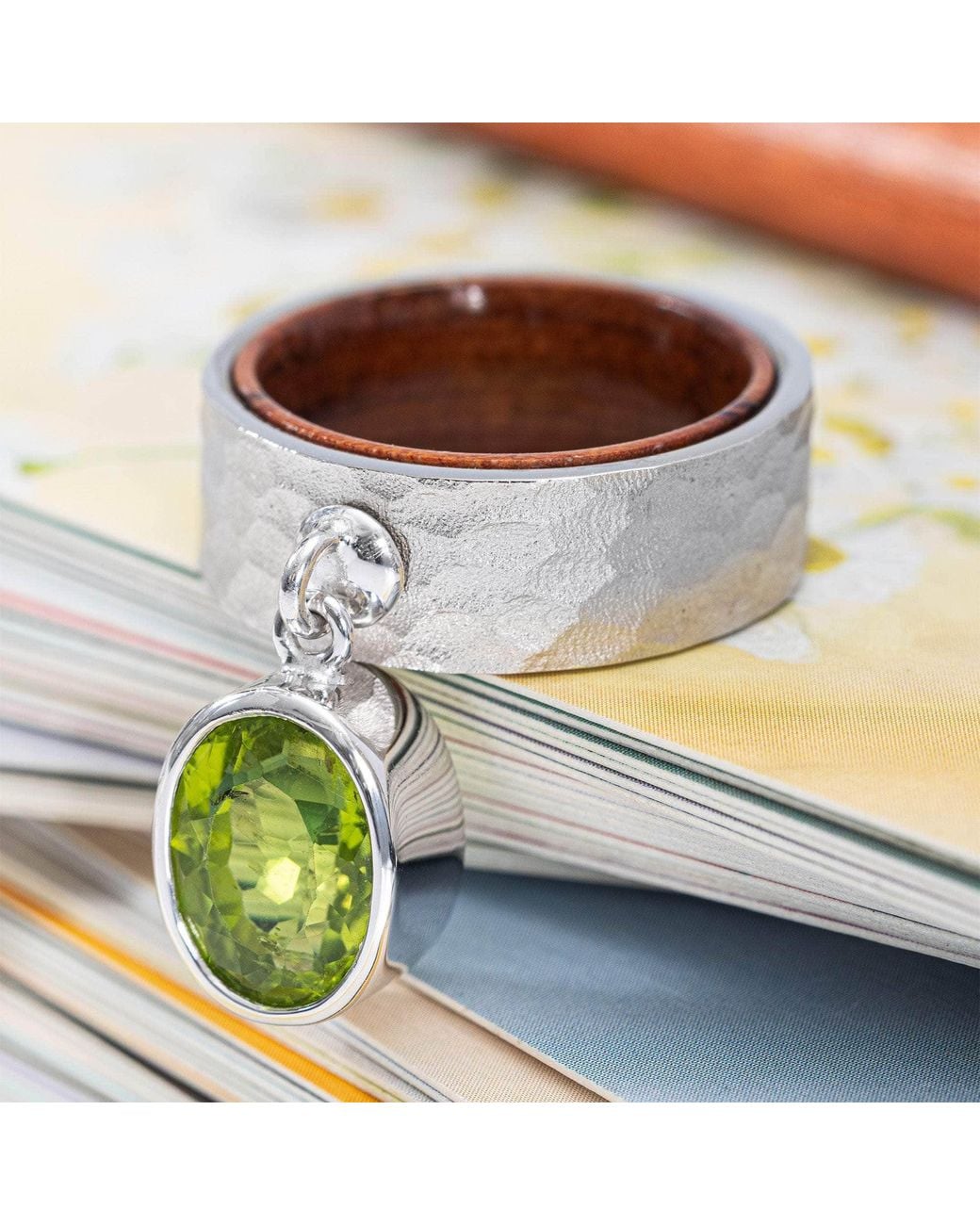 German Kabirski Multicolor Selkie Textured And Rosewood Ring With Suspended Oval Peridot