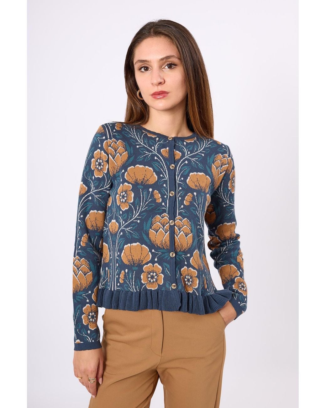 Peraluna Blue Felicity Floral Jacquard Knit Cardigan