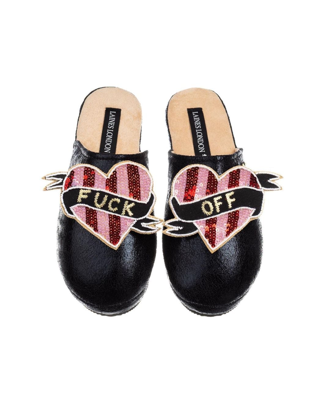 Laines London Black Softie Slippers With & Stripe Fuck Off Brooches