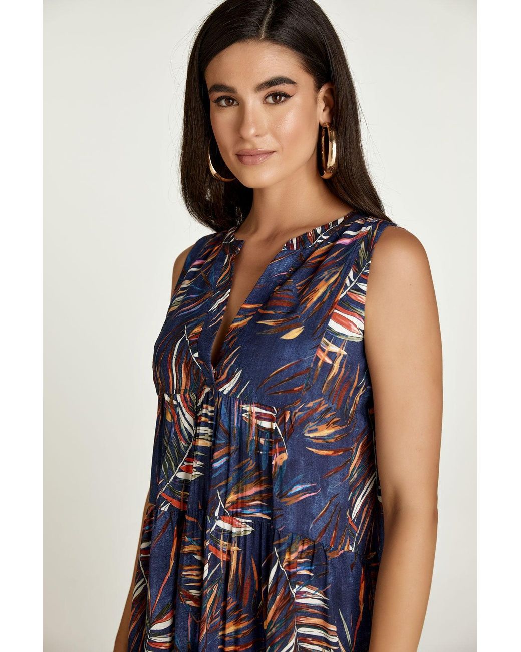 Conquista Blue Sleeveless Leaf Print A Line Dress