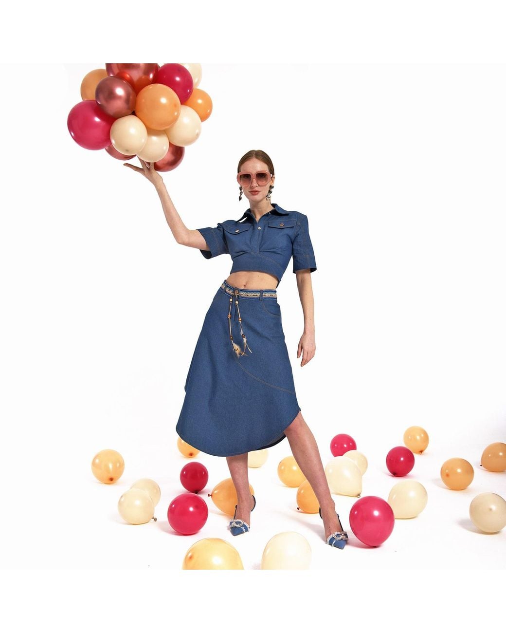 Lalipop Design Blue Fitted Cropped Denim Shirt