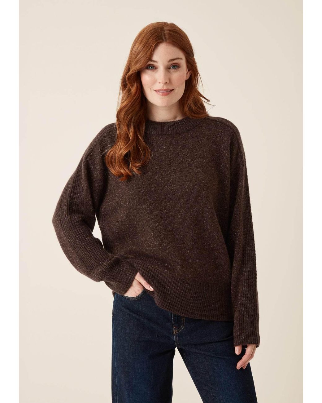 Loop Cashmere Brown Cashmere Longline Crew Neck Sweater