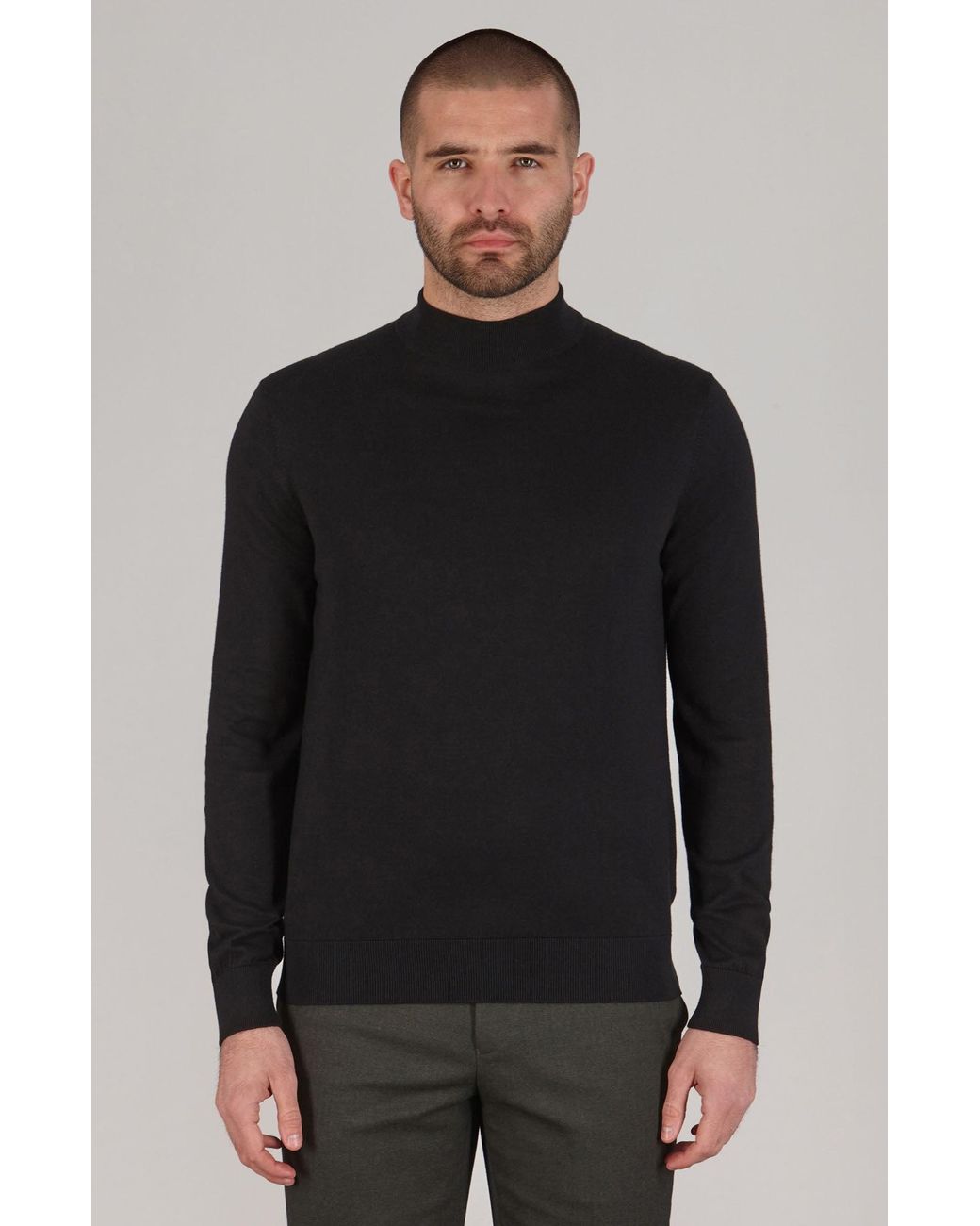 Paul James Knitwear Blue Ultra Fine Cotton Spencer Mock Turtle Neck Jumper for men