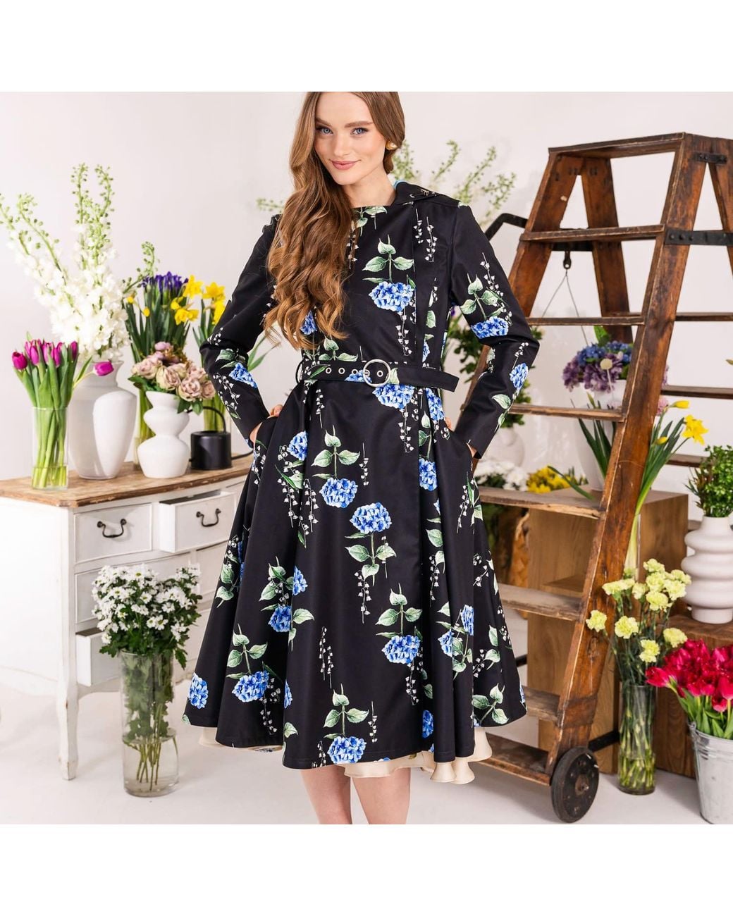 RainSisters Black Floral Trench Coat: Flower Moon