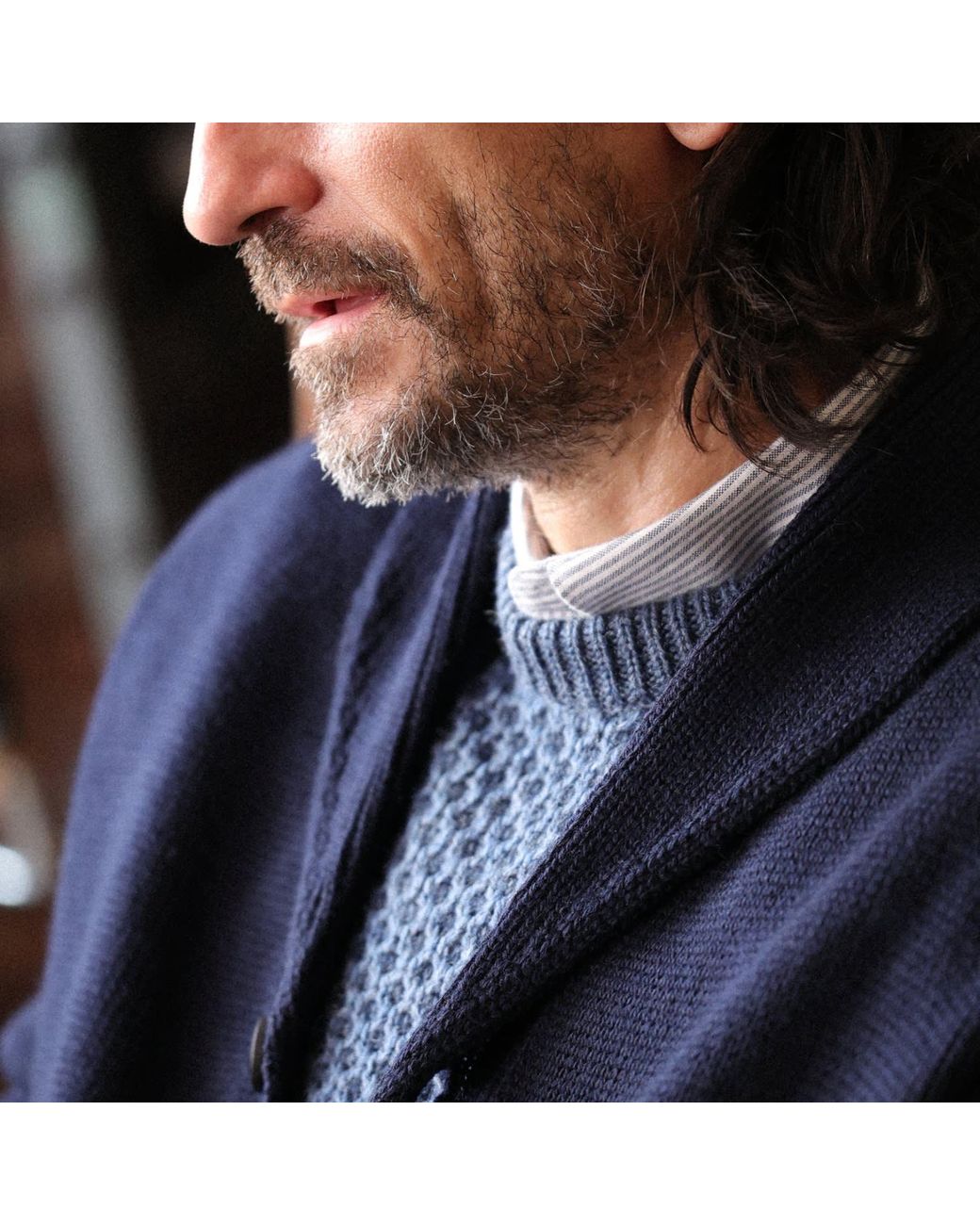 Paul James Knitwear Blue Chunky Merino Wool Marello Shawl Collar Cardigan for men