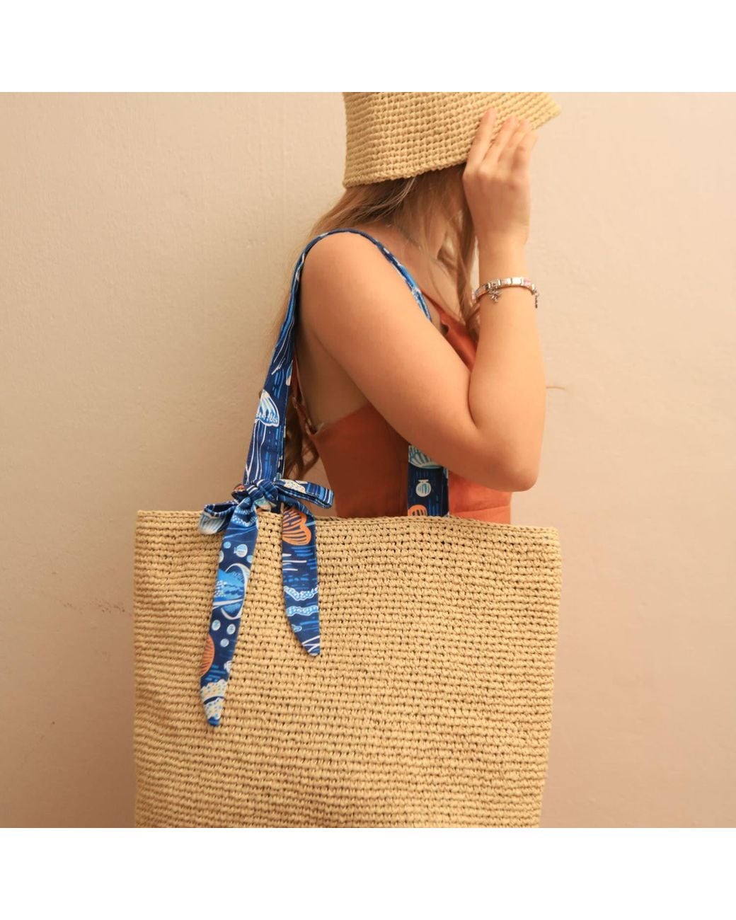 Springmoonatelier Multicolor Neutrals Raffia Handwoven Bag Flower Garden