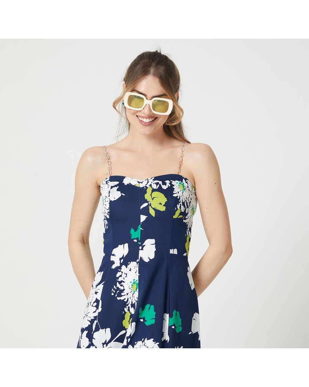 Lalipop Design Blue Two Chain-Link Shoulder Straps Midi Dress