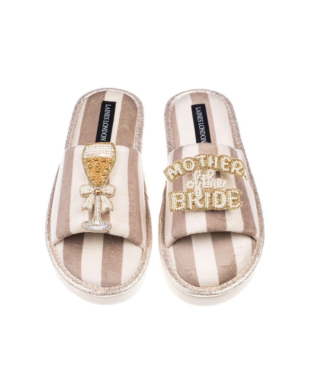Laines London Multicolor Neutrals Flatform Stripe Open Toe Slippers With Mother Of The Bride Brooches