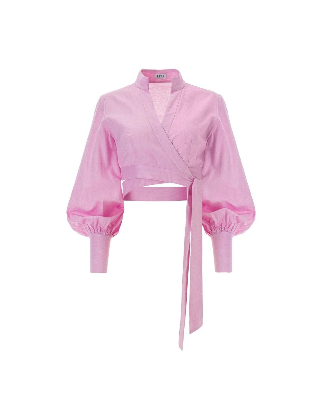 Lita Couture Pink Puffed Sleeve Cropped Linen Blouse