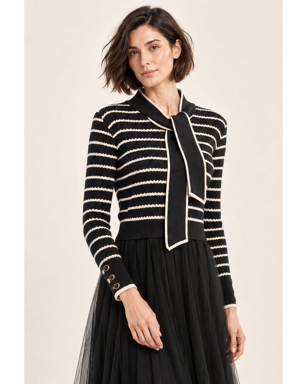 James Lakeland Black Striped Knit & Tulle Midi Dress