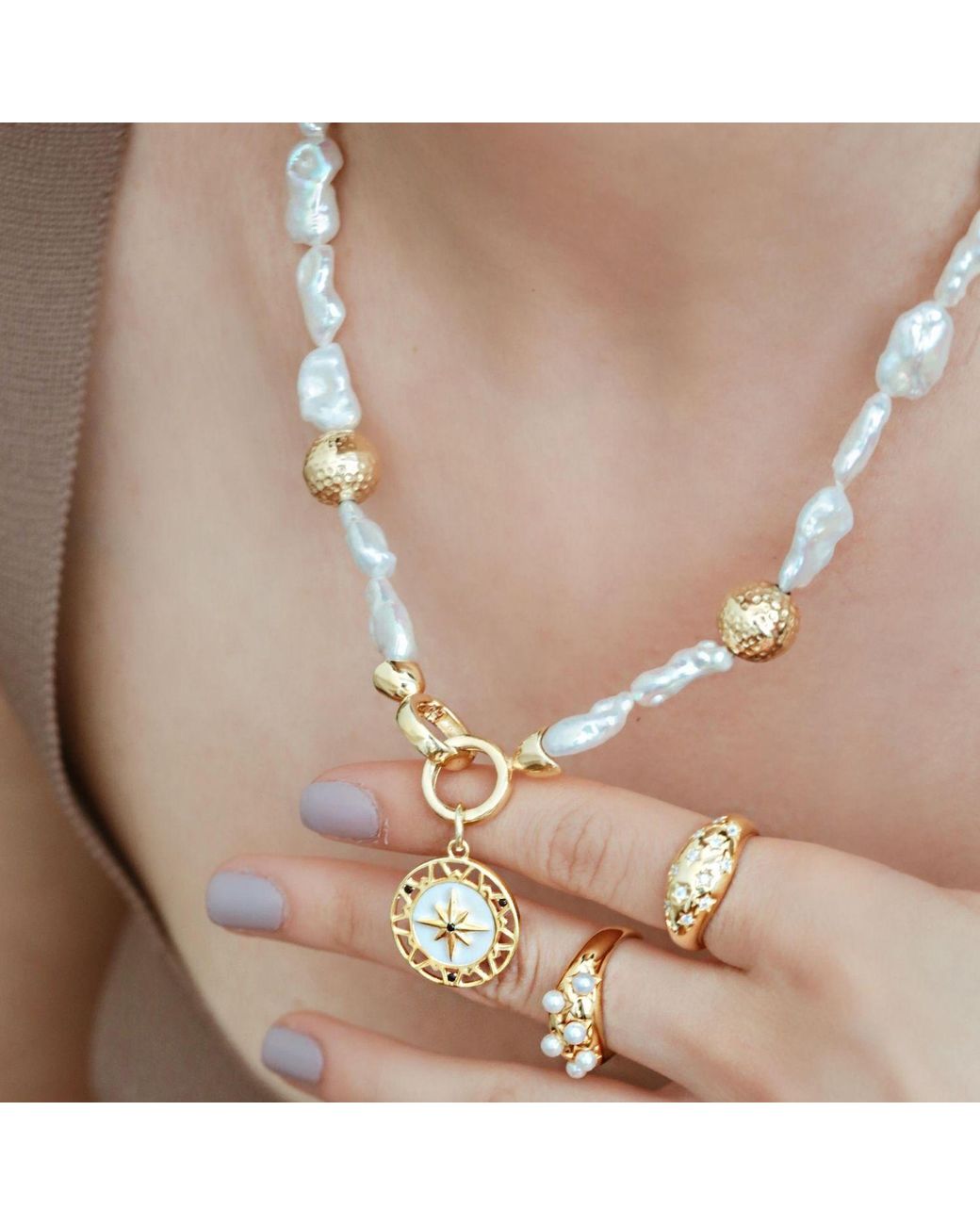 LINYA JEWELLERY Metallic North Star Medallion Pearl Necklace