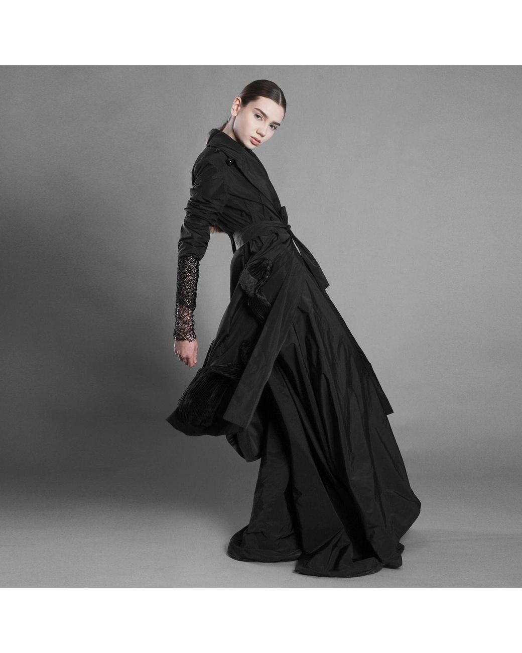 Silvia Serban Black Metallic Thread Taffeta Trench Dress