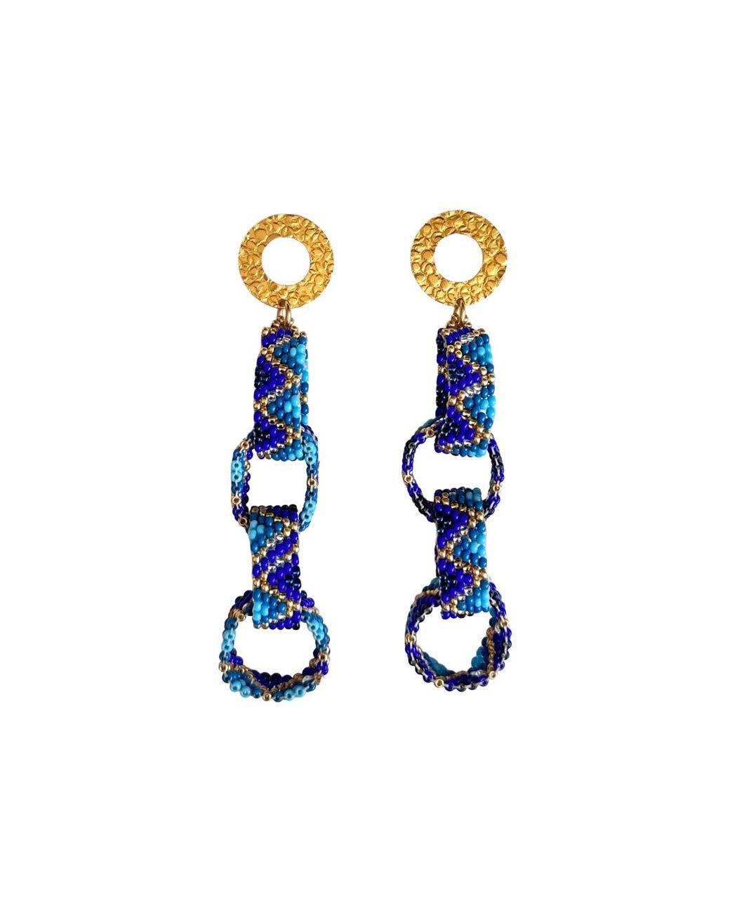 Iliana Arrazola Blue Bold Chunky Link, Dangle Earrings, Glass Beads, Beaded Jewelry