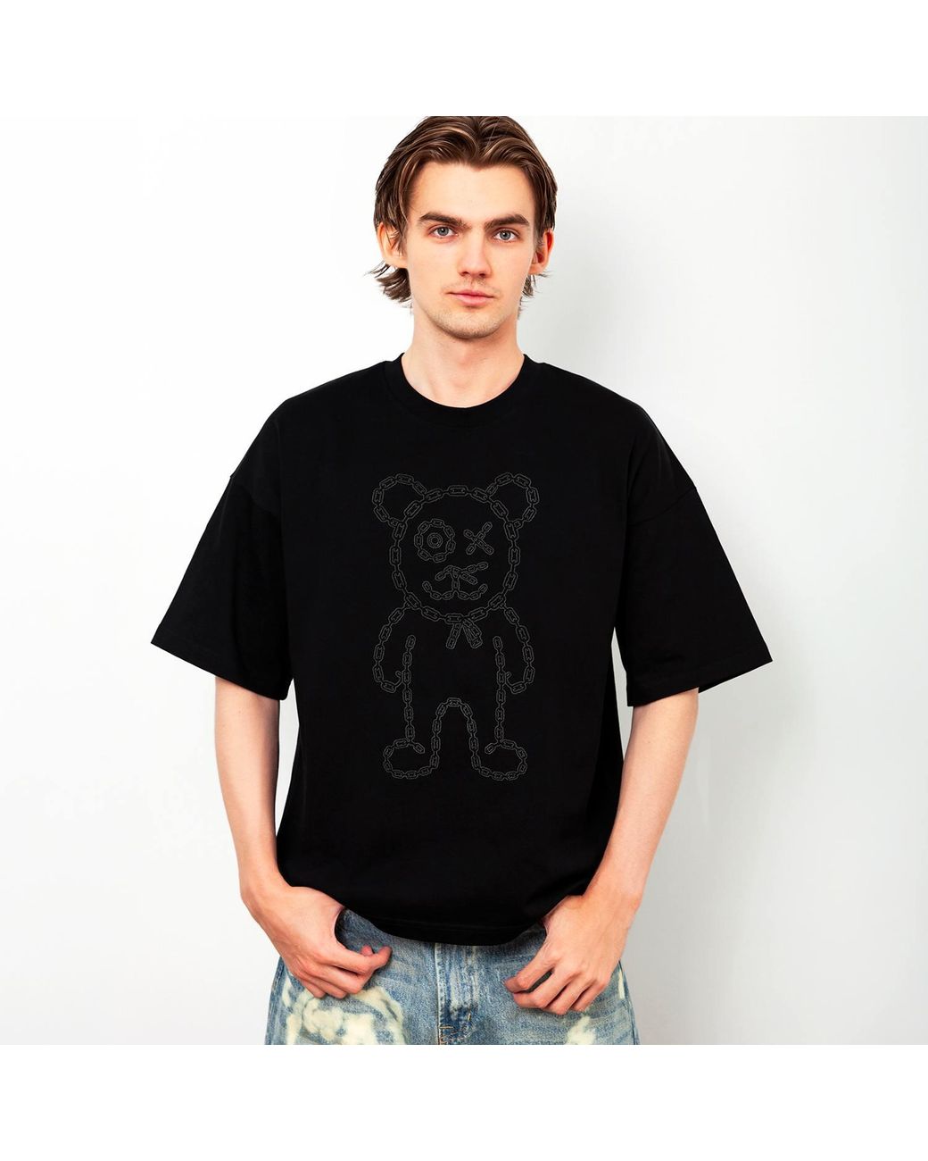 X Ilona Blue Black Universal Fit Graffiti Daddy Bear Organic Cotton Charcoal Chain Link Embroidery Tee for men