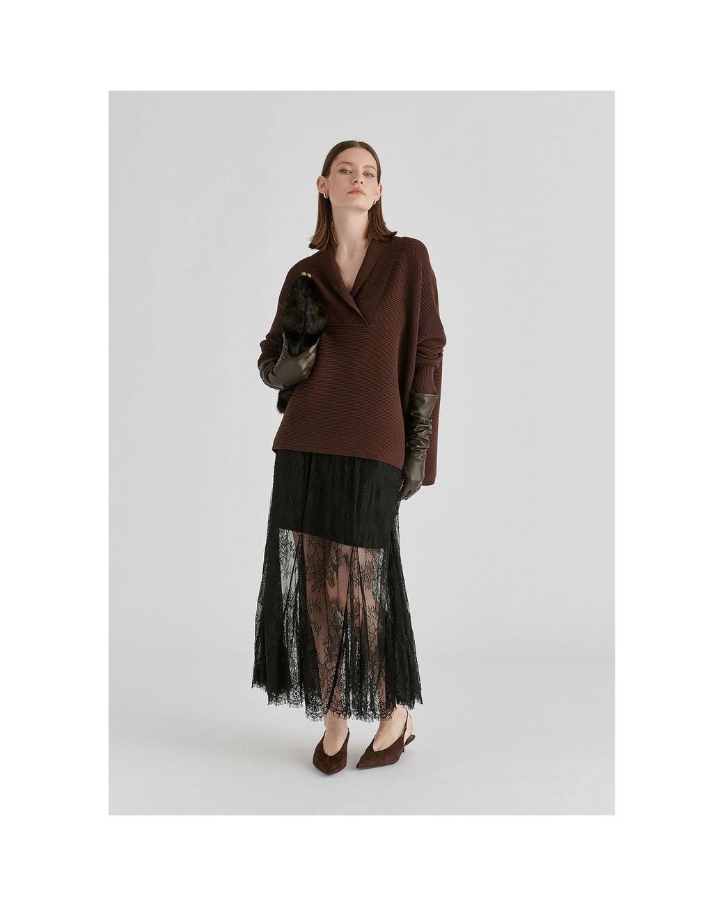 Paisie Brown Shawl Collar Ribbed Jumper