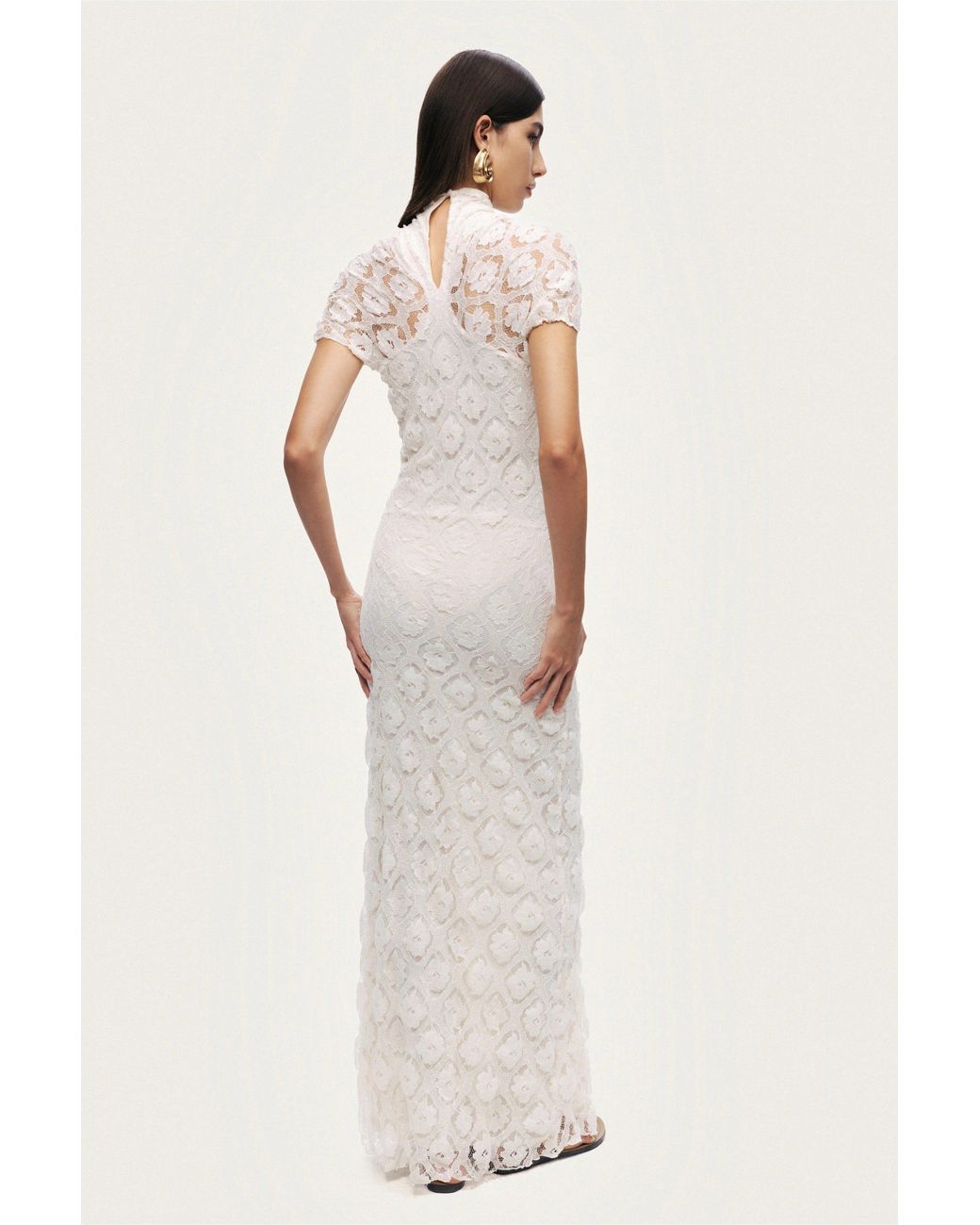 Nocturne White High-Neck Lace Maxi Dress