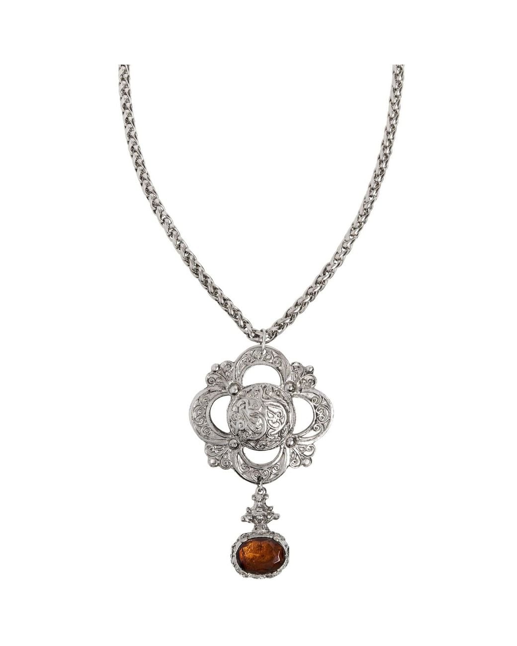 Caramel Vintage Jewellery Metallic Ornate Amber Pendant Necklace