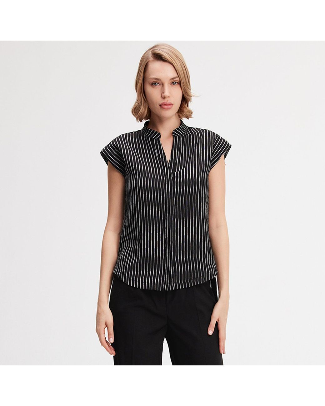 Smart and Joy Black Bi-Material Striped Shirt