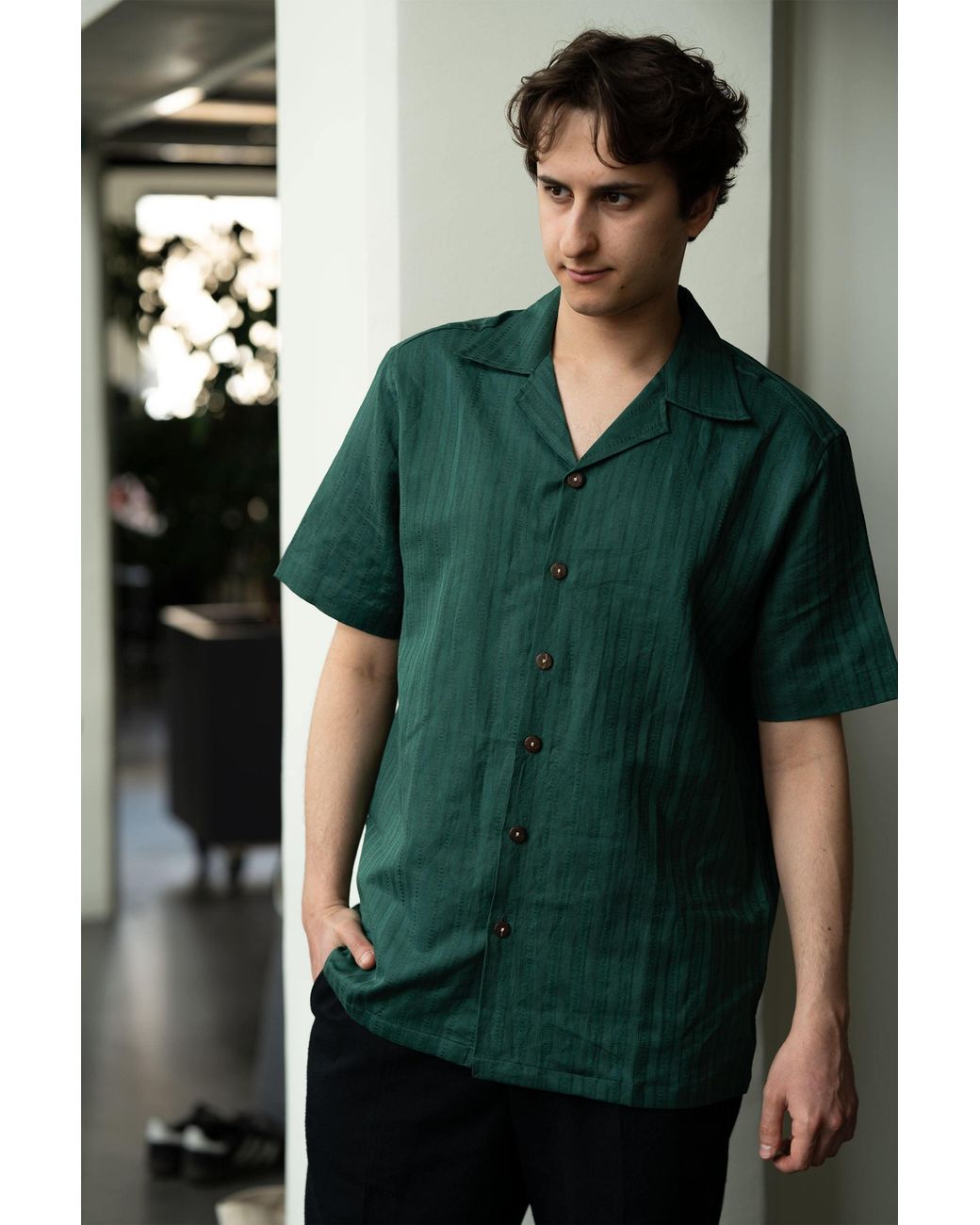Stovaria Green Handwoven Hemp Camp Collar Shirt for men