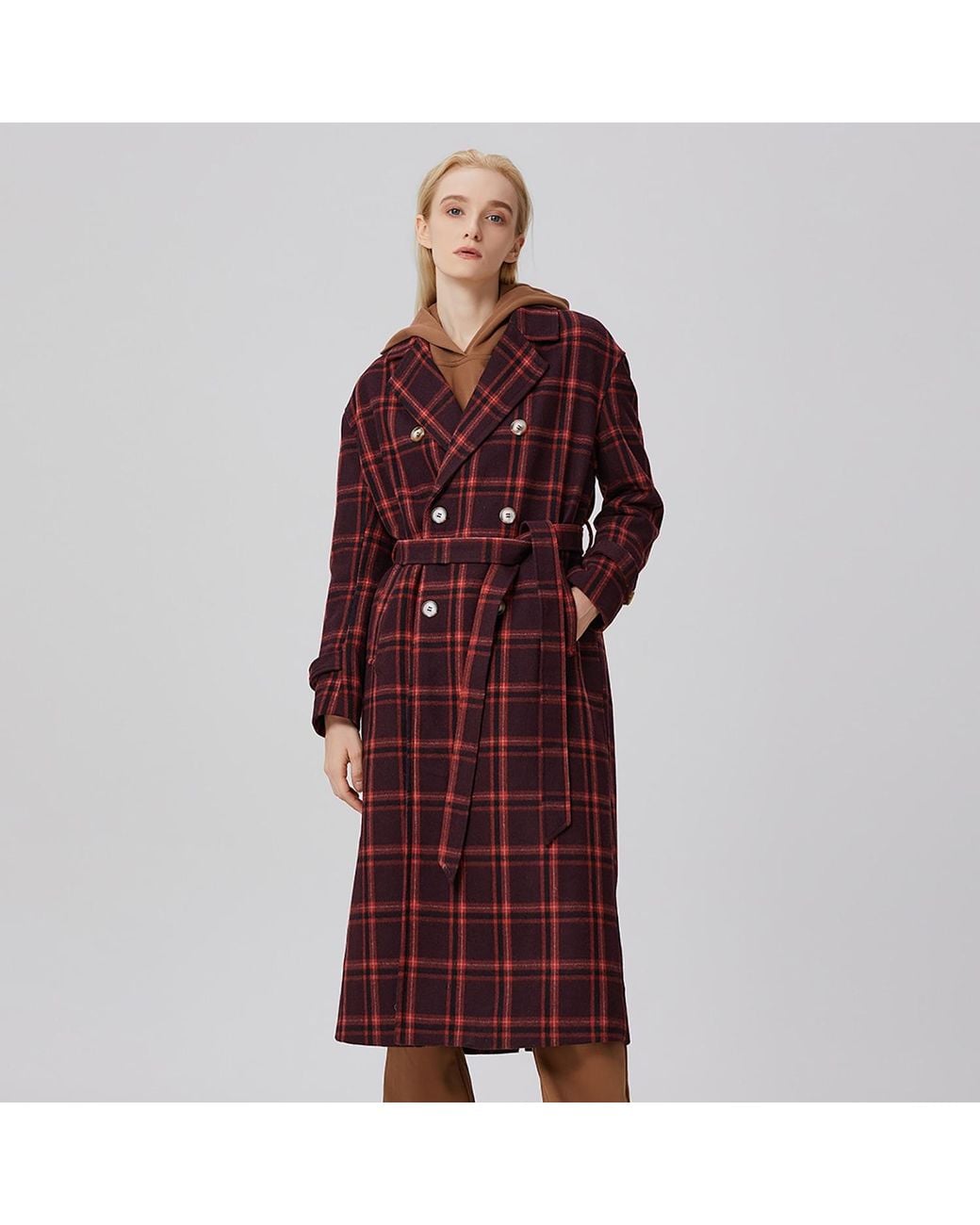 Smart and Joy Red Double Breasted Checks Coat