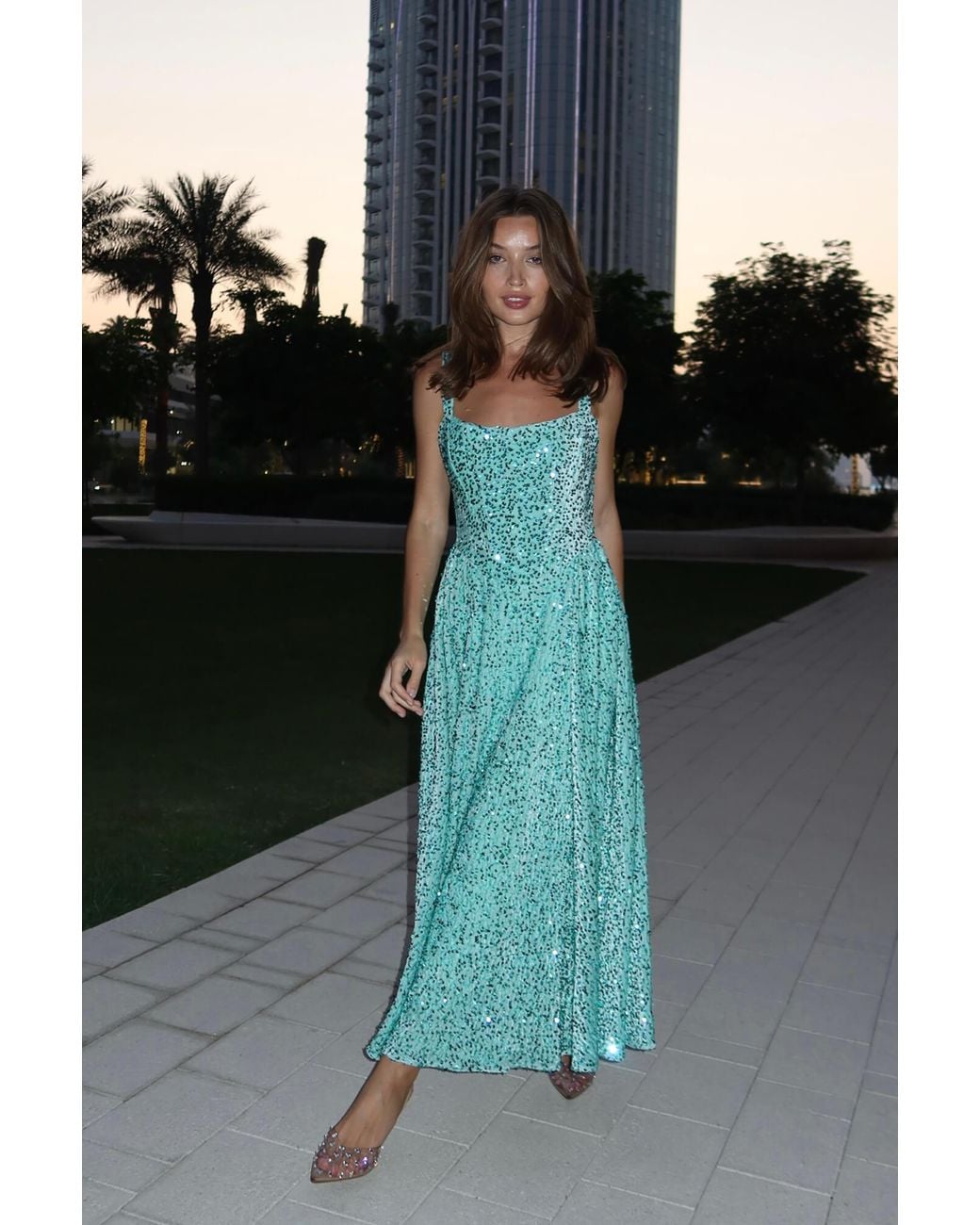 POST MERIDIEM Blue Menthol Tuck Corset Top Midi Dress