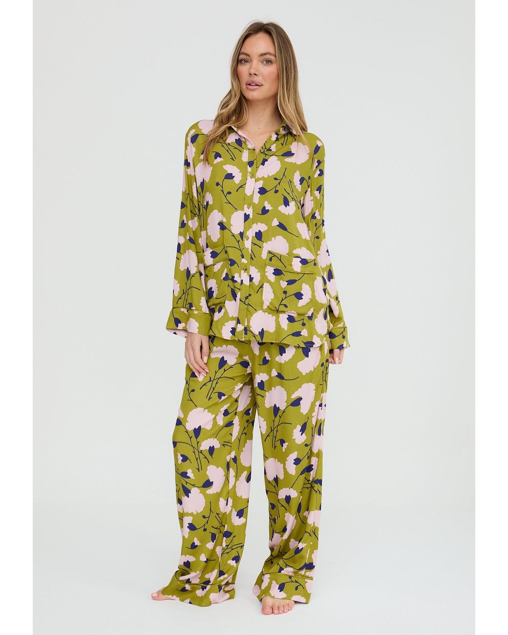 Lily and Lionel Green Evie Long Sleeve Floral Print Pyjama Set