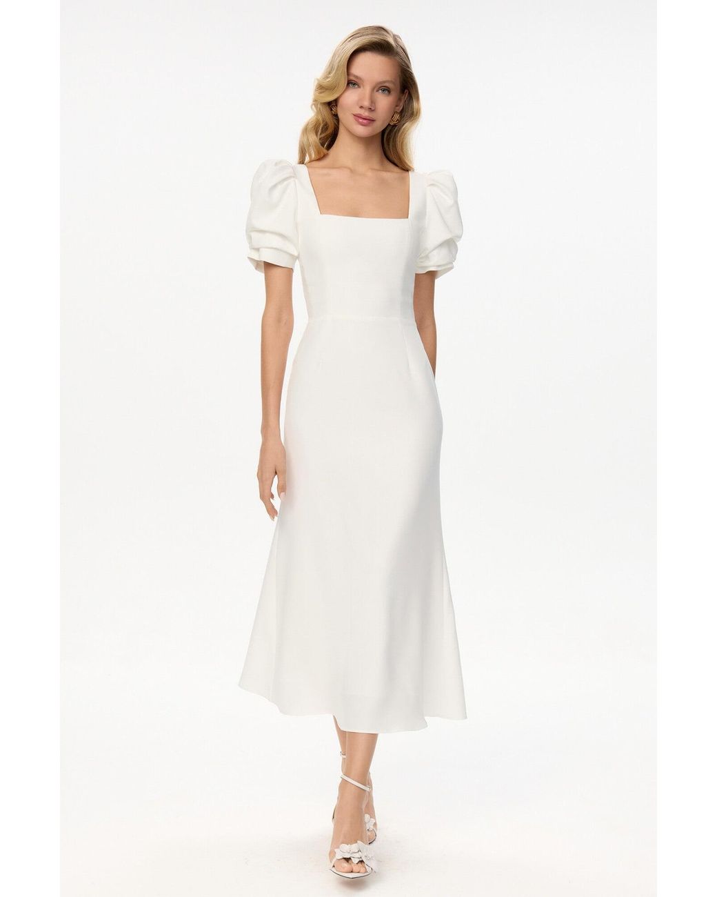 POST MERIDIEM White Godet Silhouette Square Neck Midi Dress