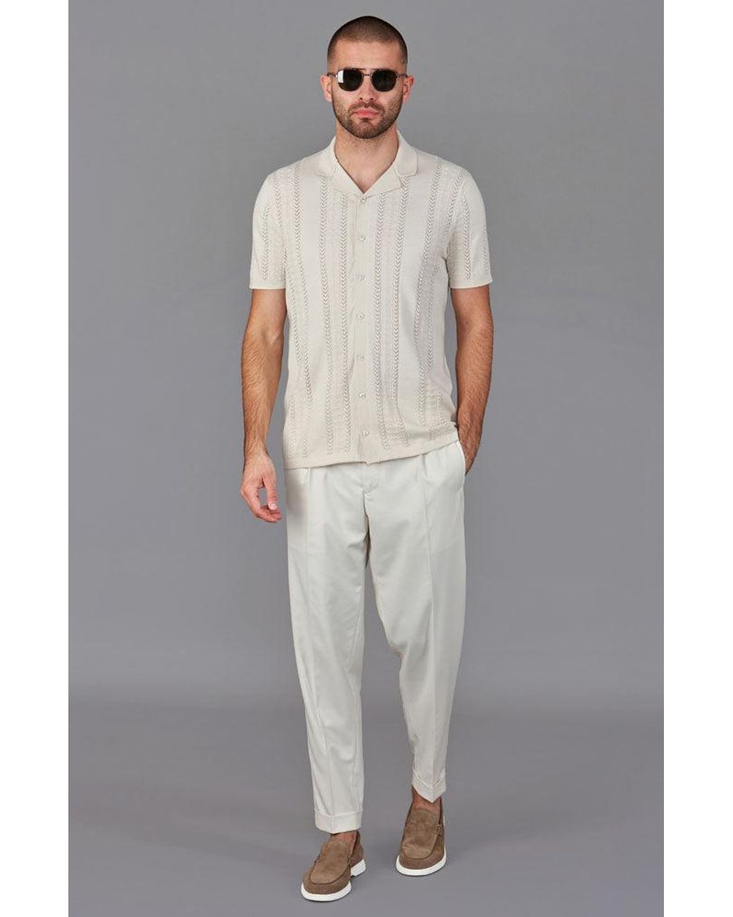 Paul James Knitwear White Ultra Fine Cotton Santiago Open Knit Cuban Collar Shirt for men
