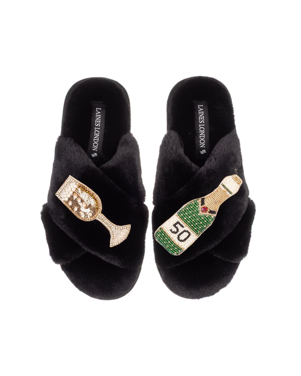 Laines London Black Classic Laines Slippers With Champagne & Glass 50Th Birthday Brooches