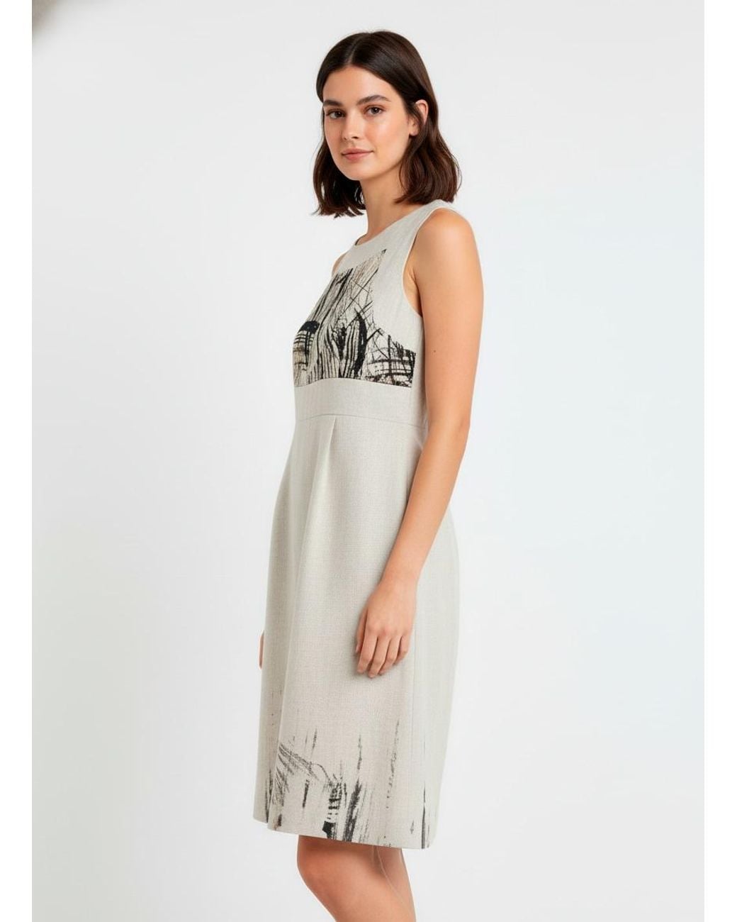 Conquista Natural Neutrals Sleeveless Dress With Artistic Print