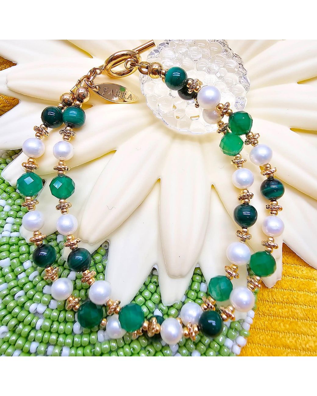 Farra Green Gemstone With Freshwater Pearl Double Layers Bracelet