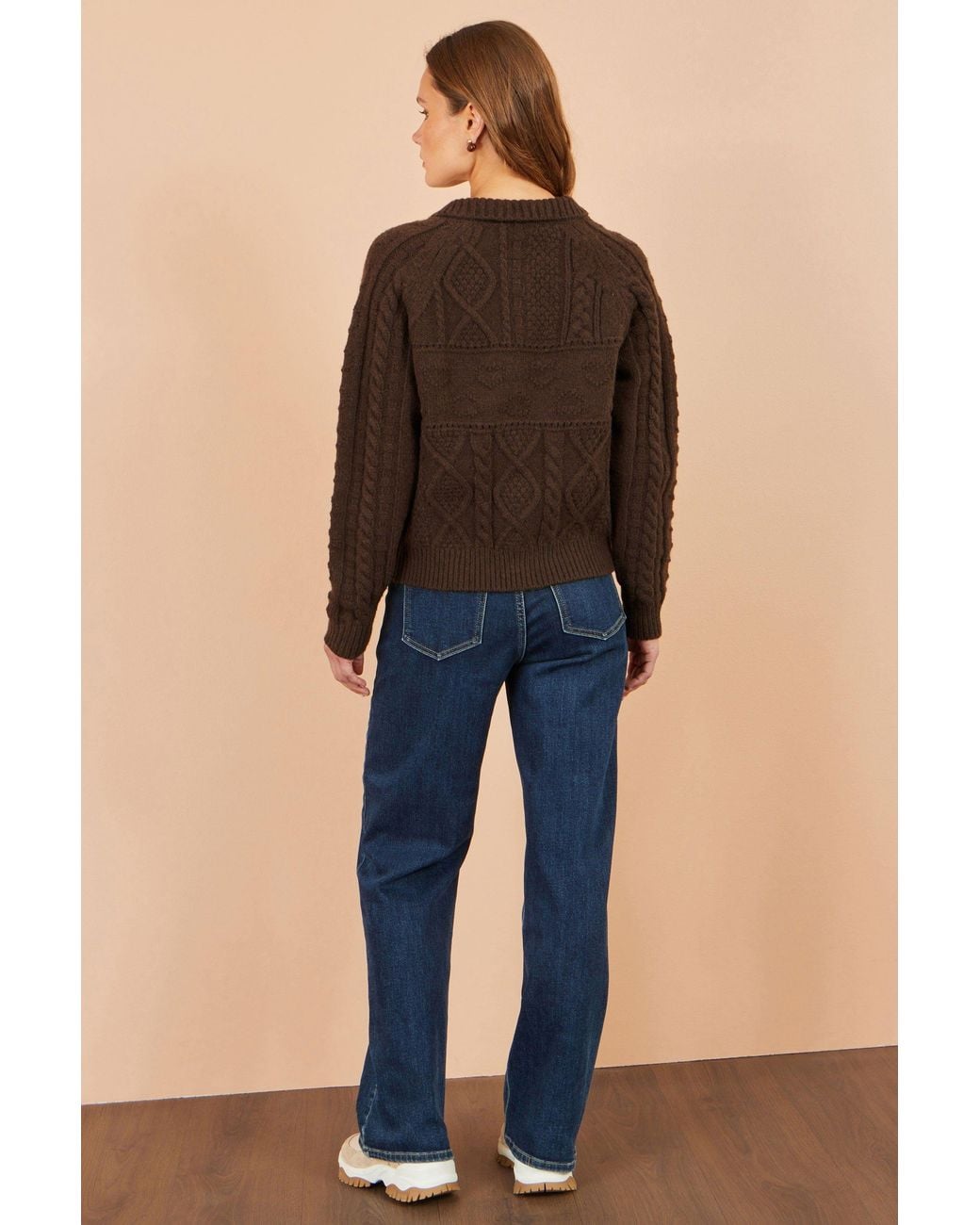 Yumi' Brown Cable Knit Boxy Jacket