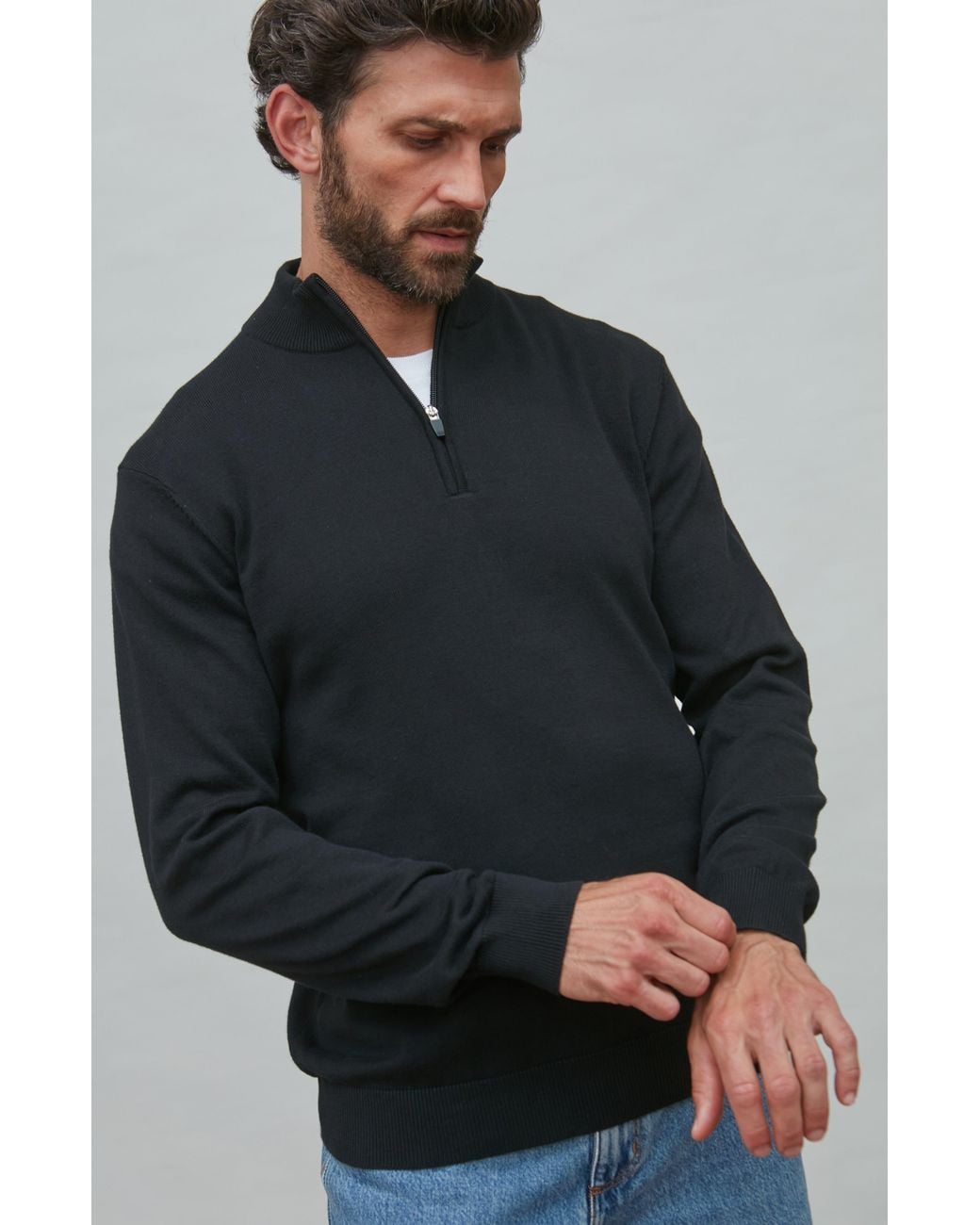 Paul James Knitwear Blue Lightweight Foster Cotton Zip Neck Jumper for men